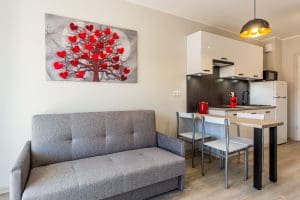 Wnętrze apartamentu Wczasowa 8 z aneksem kuchennym