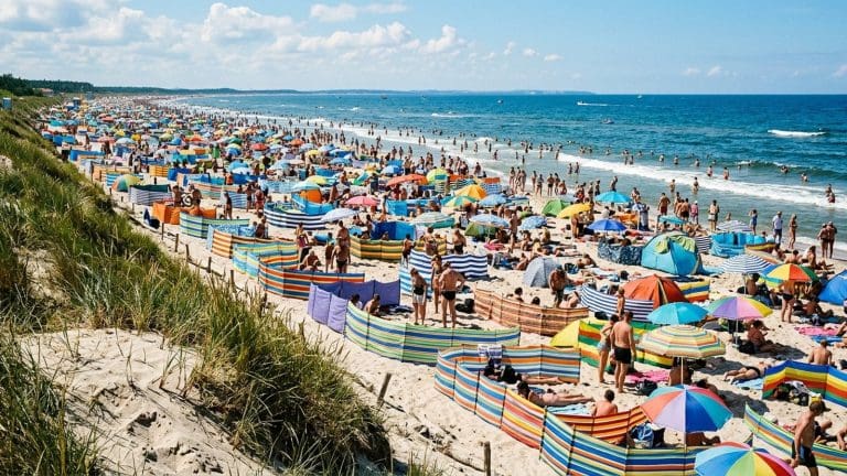 Zatłoczona plaża pełna parawanów i parasoli w słoneczny dzień
