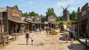 Drewniane budynki westernowego miasteczka w słoneczny dzień