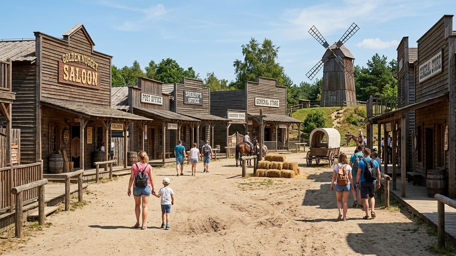 Drewniane budynki westernowego miasteczka w słoneczny dzień