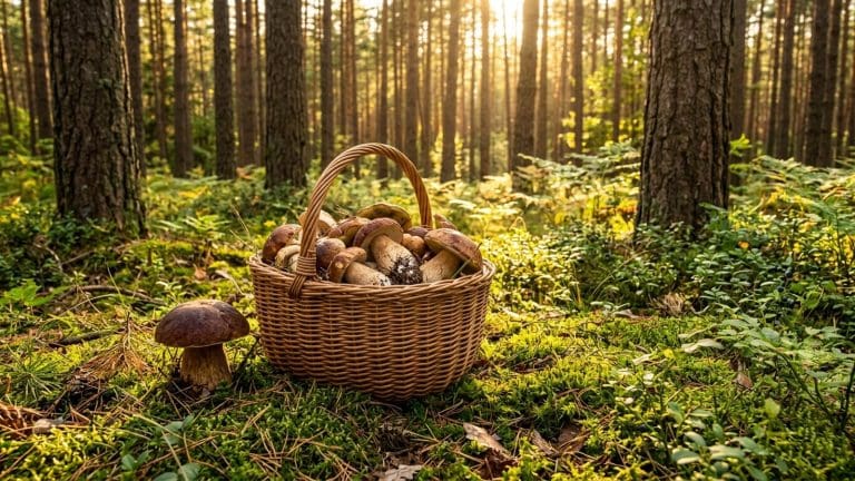 Kosz pełen borowików na mchu w słonecznym sosnowym lesie