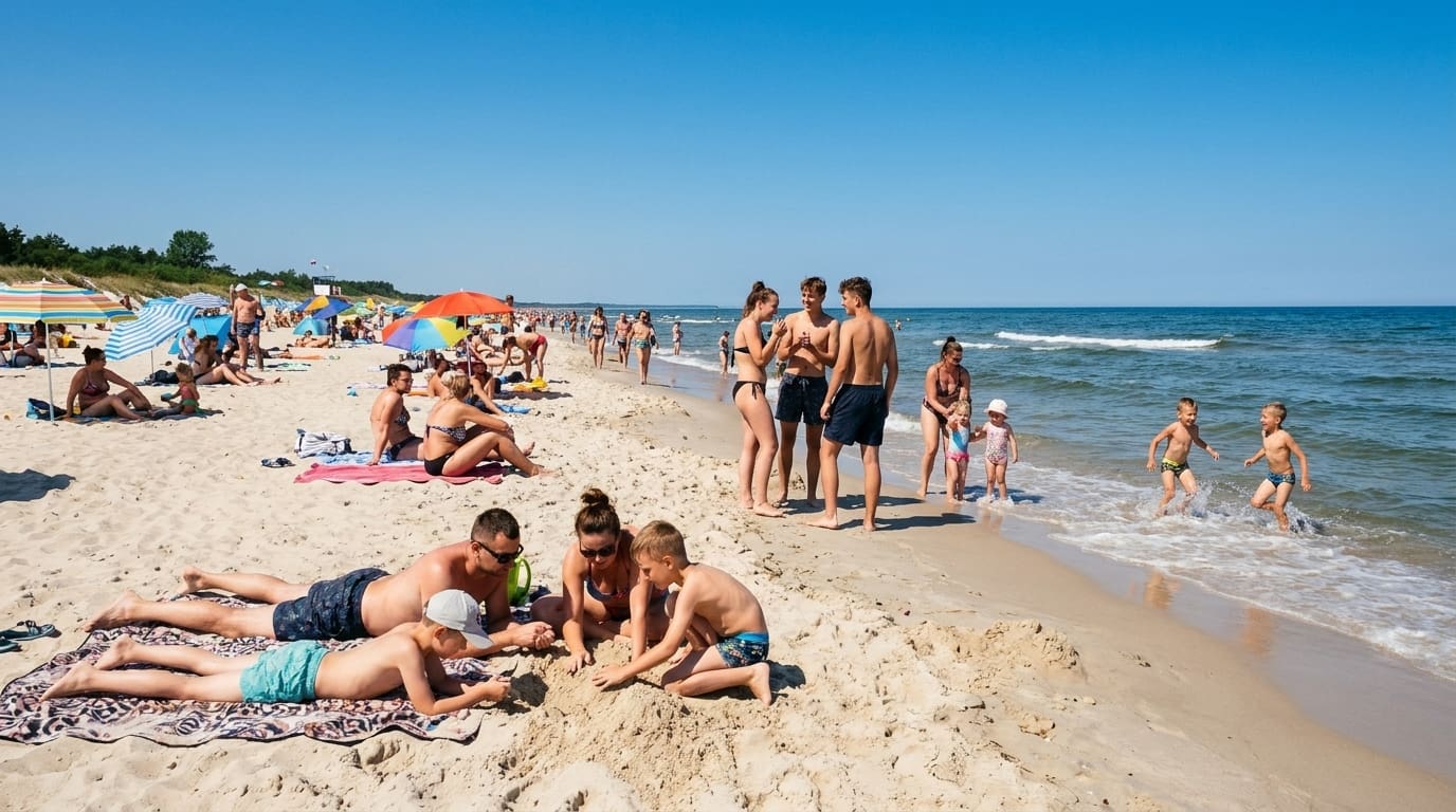 Tłum plażowiczów na bałtyckiej plaży w słoneczny dzień