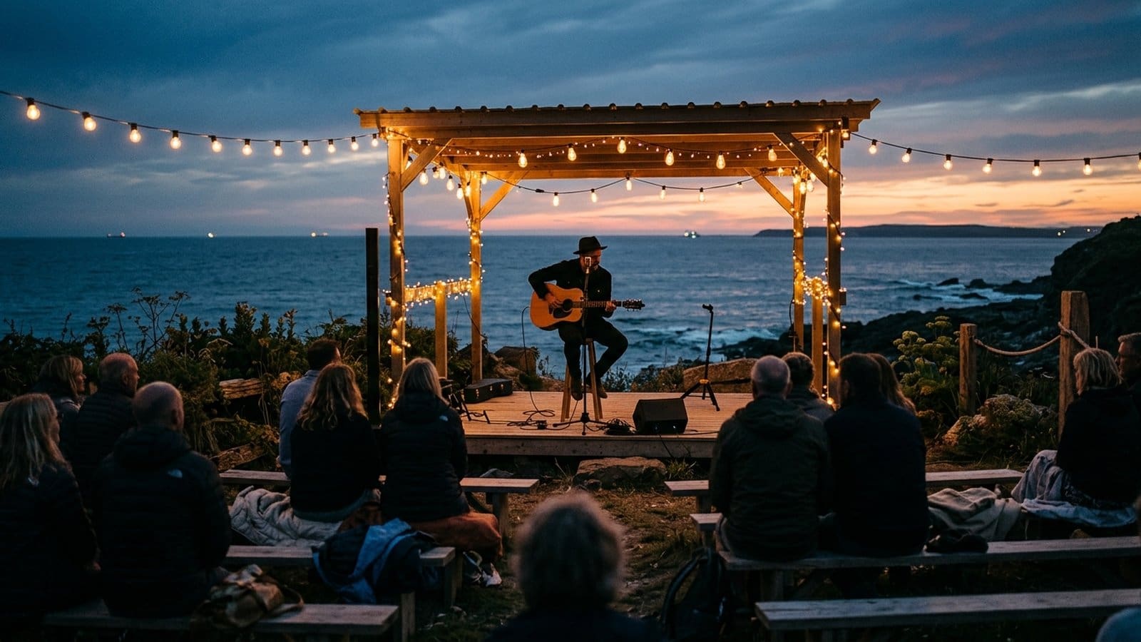 Gitarzysta na plenerowej scenie z lampkami nad wodą wieczorem