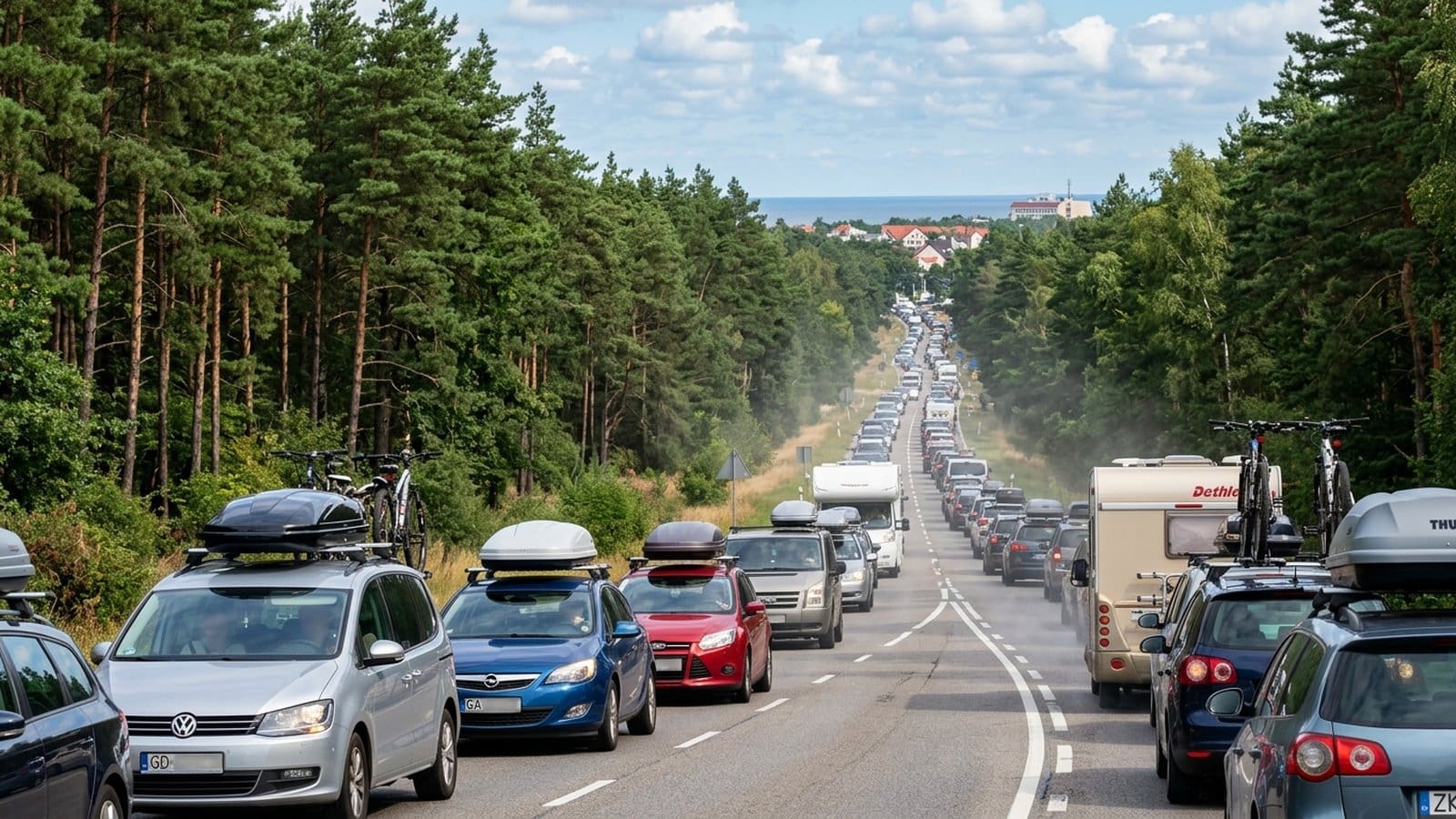Korek samochodów na drodze przez las w drodze nad morze