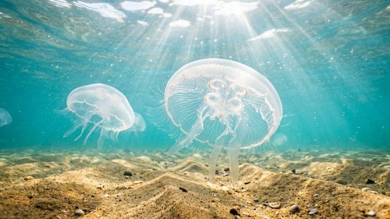 Przezroczysta meduza chełbia modra dryfująca w turkusowej wodzie