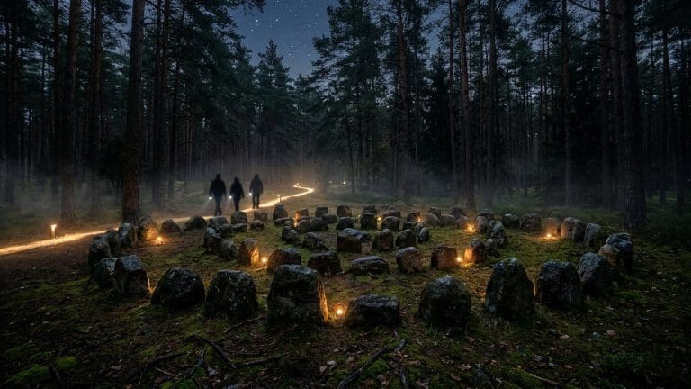Niskie kamienne głazy ułożone w kręgi w nocnym sosnowym lesie, oświetlona ścieżka i mgła