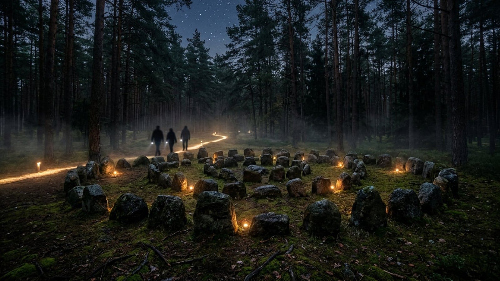 Niskie kamienne głazy ułożone w kręgi w nocnym sosnowym lesie, oświetlona ścieżka i mgła