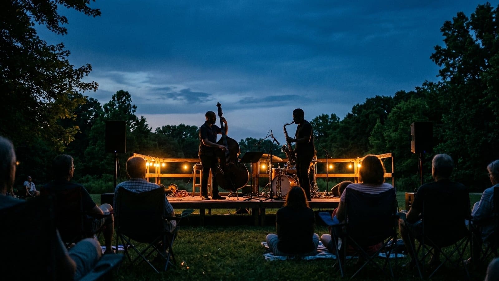 Sylwetki muzyków jazzowych na plenerowej scenie o zmierzchu