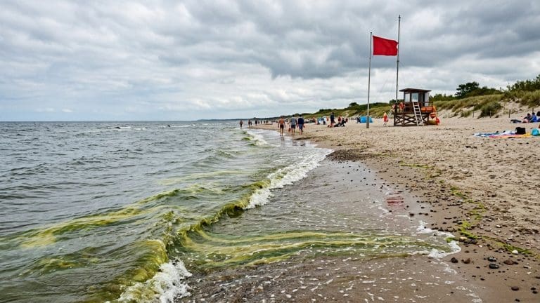 Zielonkawe smugi sinic w płytkiej wodzie przy plaży, czerwona flaga w tle
