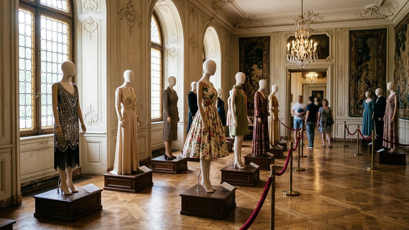 Manekiny w sukienkach vintage w zabytkowym wnętrzu pałacu