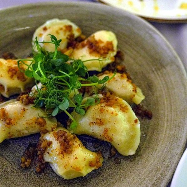 Pierogi z okrasą i kiełkami na ceramicznym talerzu