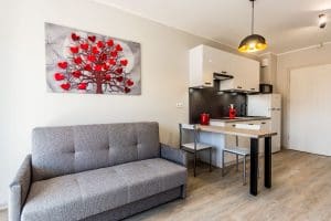 Jasny salon z szarą sofą, aneksem kuchennym i wysokim stołem z krzesłami.
