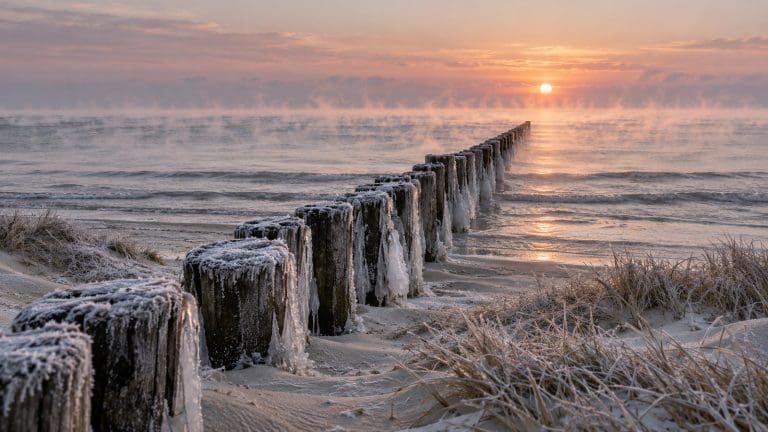 Mroźny świt nad spokojnym Bałtykiem, szron na drewnianej ostrodze i para nad wodą