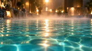 Spokojna turkusowa woda w krytym basenie z lekką parą na powierzchni i ciepłymi refleksami światła