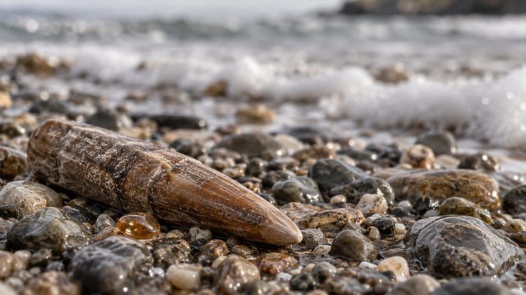 Brązowy belemnit w kształcie pocisku leży na mokrym żwirze plażowym wśród kamyków, w tle rozmyta piana