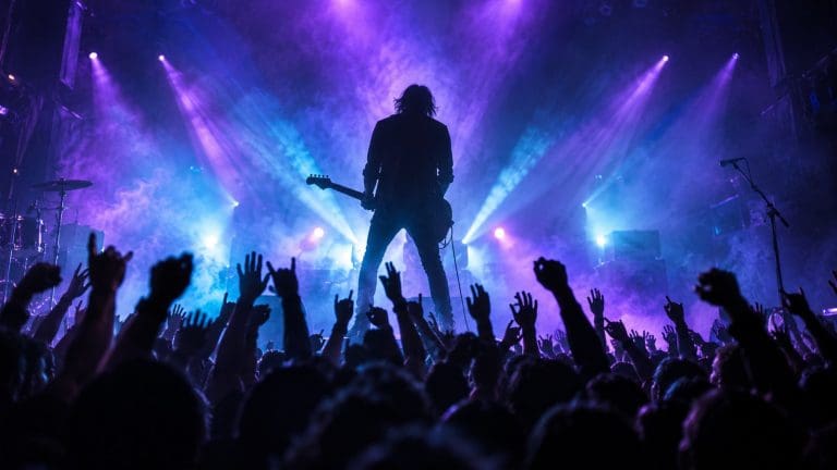 Ciemna klubowa scena w fioletowym i turkusowym świetle, sylwetka gitarzysty i uniesione ręce publiczności