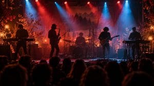 Pięciu muzyków na małej scenie w czerwono-niebieskim świetle, saksofon i gitara w kontrze, widzowie od tyłu
