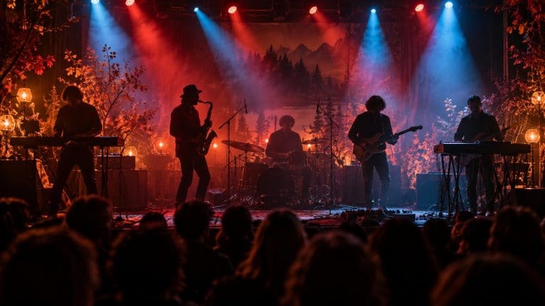 Pięciu muzyków na małej scenie w czerwono-niebieskim świetle, saksofon i gitara w kontrze, widzowie od tyłu