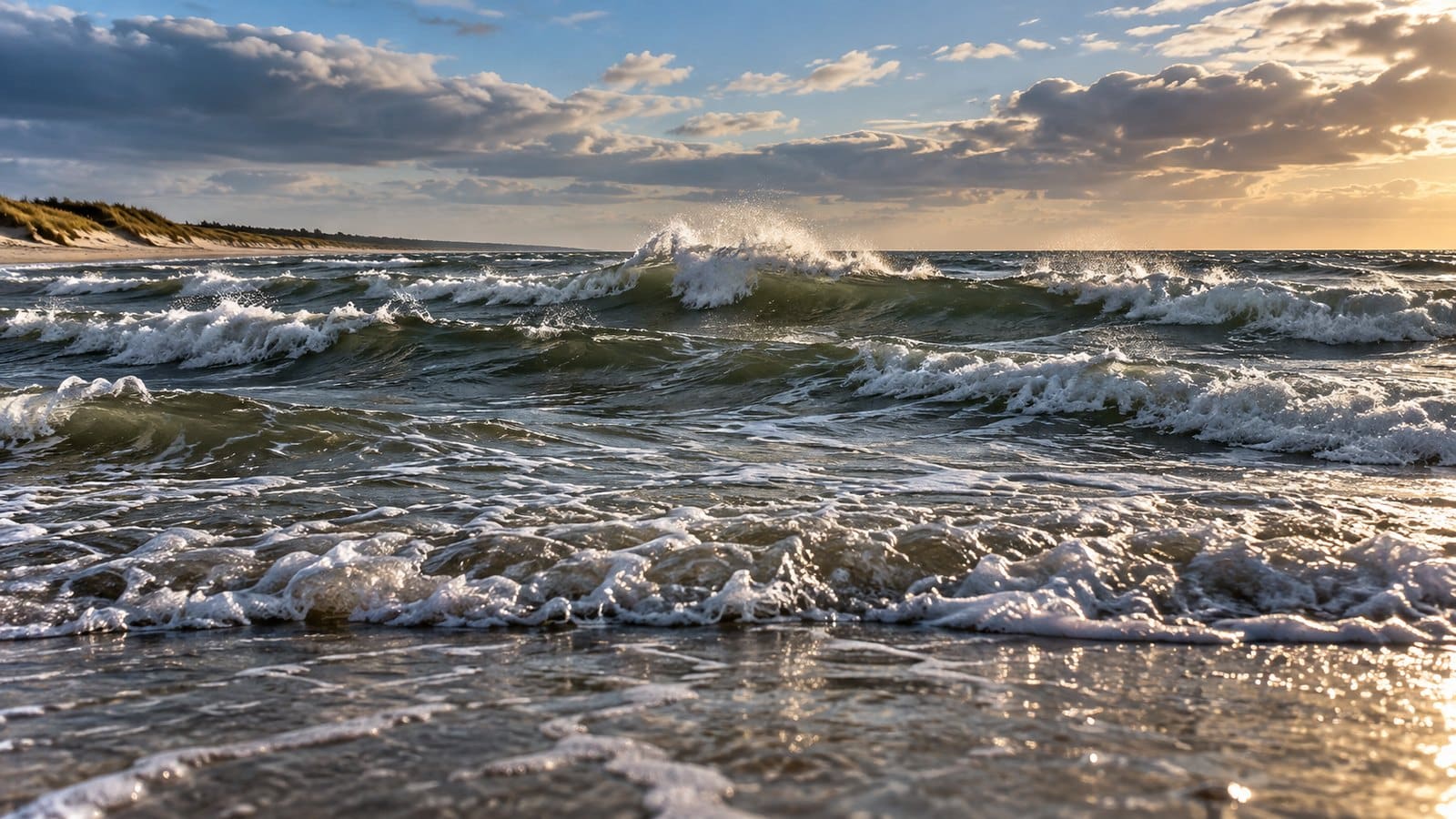 Rząd fal nadciąga na pustą bałtycką plażę, najwyższa w środku grupy, w zimnym świetle