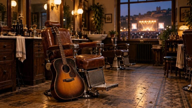 Gitara oparta o skórzany fotel w starym salonie fryzjerskim, za oknem rozświetlona scena