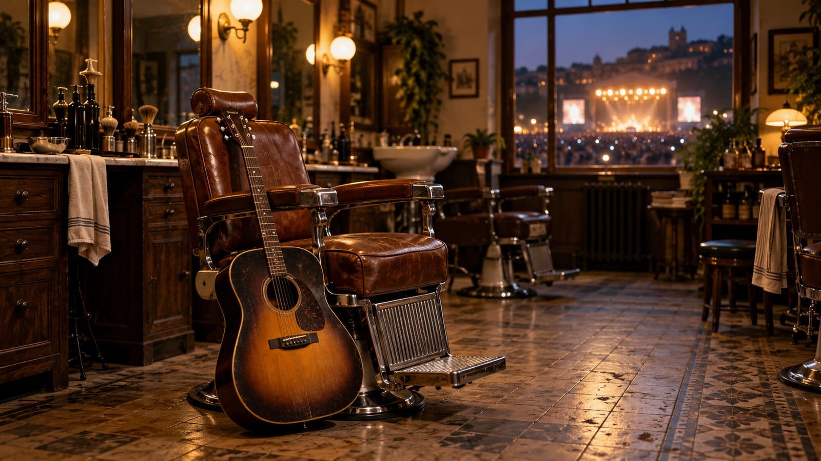 Gitara oparta o skórzany fotel w starym salonie fryzjerskim, za oknem rozświetlona scena