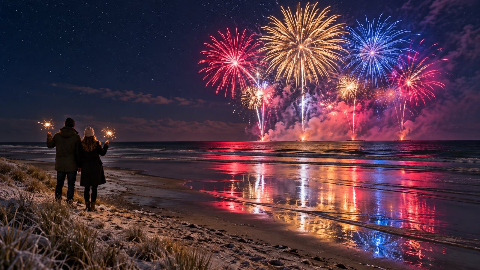 Kolorowe fajerwerki nad nocnym Bałtykiem odbite w wodzie, na plaży dorośli od tyłu z zimnymi ogniami