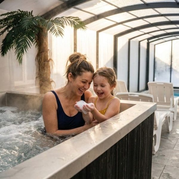Mama z córką śmieją się w jacuzzi