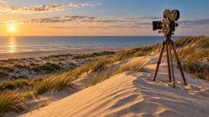Stara kamera filmowa na statywie na szczycie wydmy o złotej godzinie, w tle pusta plaża