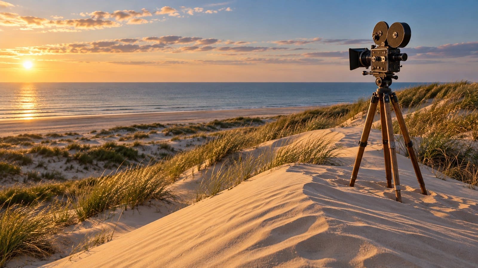 Stara kamera filmowa na statywie na szczycie wydmy o złotej godzinie, w tle pusta plaża