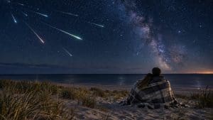 Smugi meteorów nad czarnym morzem i gwiaździstym niebem, na plaży para pod kocem widziana od tyłu
