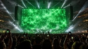 Publiczność z uniesionymi telefonami widziana od tyłu, nad sceną świecący zielony ekran i snopy światła w dymie