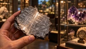 Dłoń trzyma wypolerowany przekrój meteorytu z metaliczną siatką, w tle gabloty z ametystami i skamieniałościami