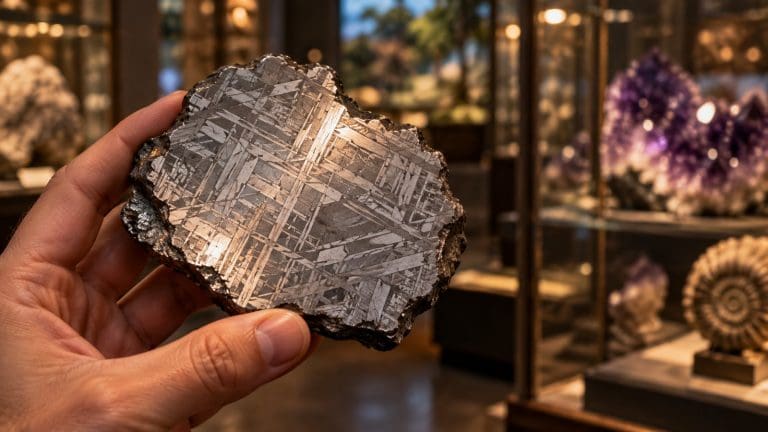 Dłoń trzyma wypolerowany przekrój meteorytu z metaliczną siatką, w tle gabloty z ametystami i skamieniałościami