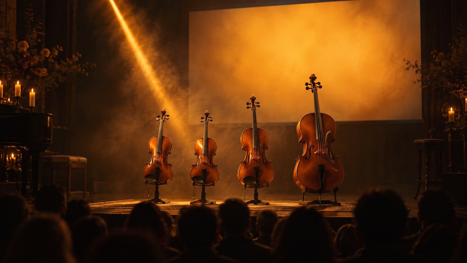 Cztery instrumenty smyczkowe w snopie ciepłego światła, w tle rozmyty kinowy ekran z bursztynową poświatą i dymem