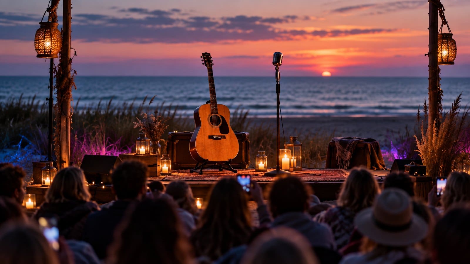 Gitara akustyczna i retro mikrofon w świetle świec, w tle różowo-niebieskie neony i publiczność od tyłu