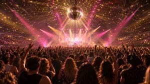 Tańczący tłum od tyłu w hali, kula disco i różowo-złote reflektory