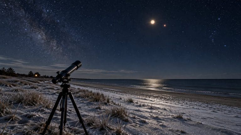 Mroźna noc nad zimowym brzegiem, jasna złota planeta i czerwonawy Mars nad teleskopem na trójnogu