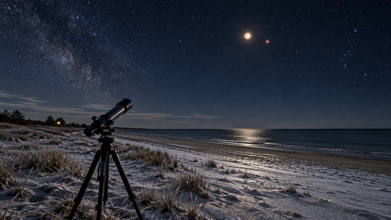 Mroźna noc nad zimowym brzegiem, jasna złota planeta i czerwonawy Mars nad teleskopem na trójnogu