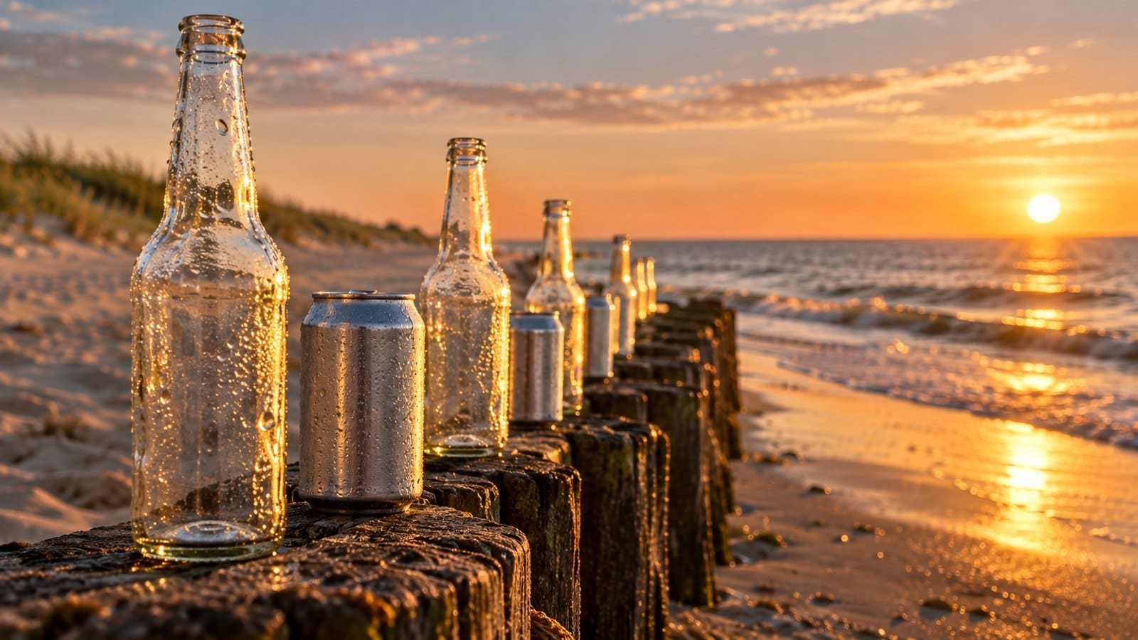Rząd pustych szklanych butelek i puszek na murku w złotym świetle zachodu słońca