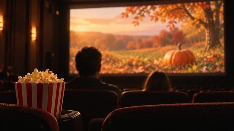 Ciemna sala kinowa, poświata ekranu z jesienną łąką i dynią, w pierwszym planie kubełek popcornu na podłokietniku