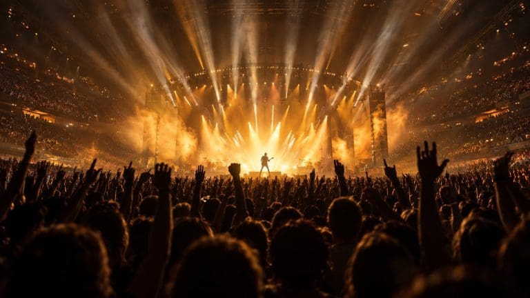 Gitarzysta na dużej scenie hali w bursztynowej kontrze, snopy reflektorów i uniesione ręce publiczności