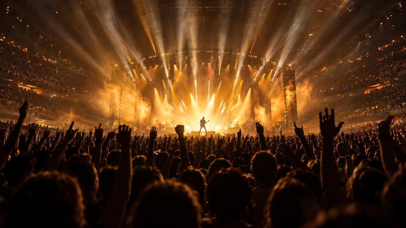 Gitarzysta na dużej scenie hali w bursztynowej kontrze, snopy reflektorów i uniesione ręce publiczności