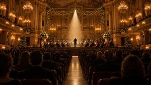 Złota sala koncertowa od tyłu widowni, śpiewak jako mała sylwetka w świetle reflektora