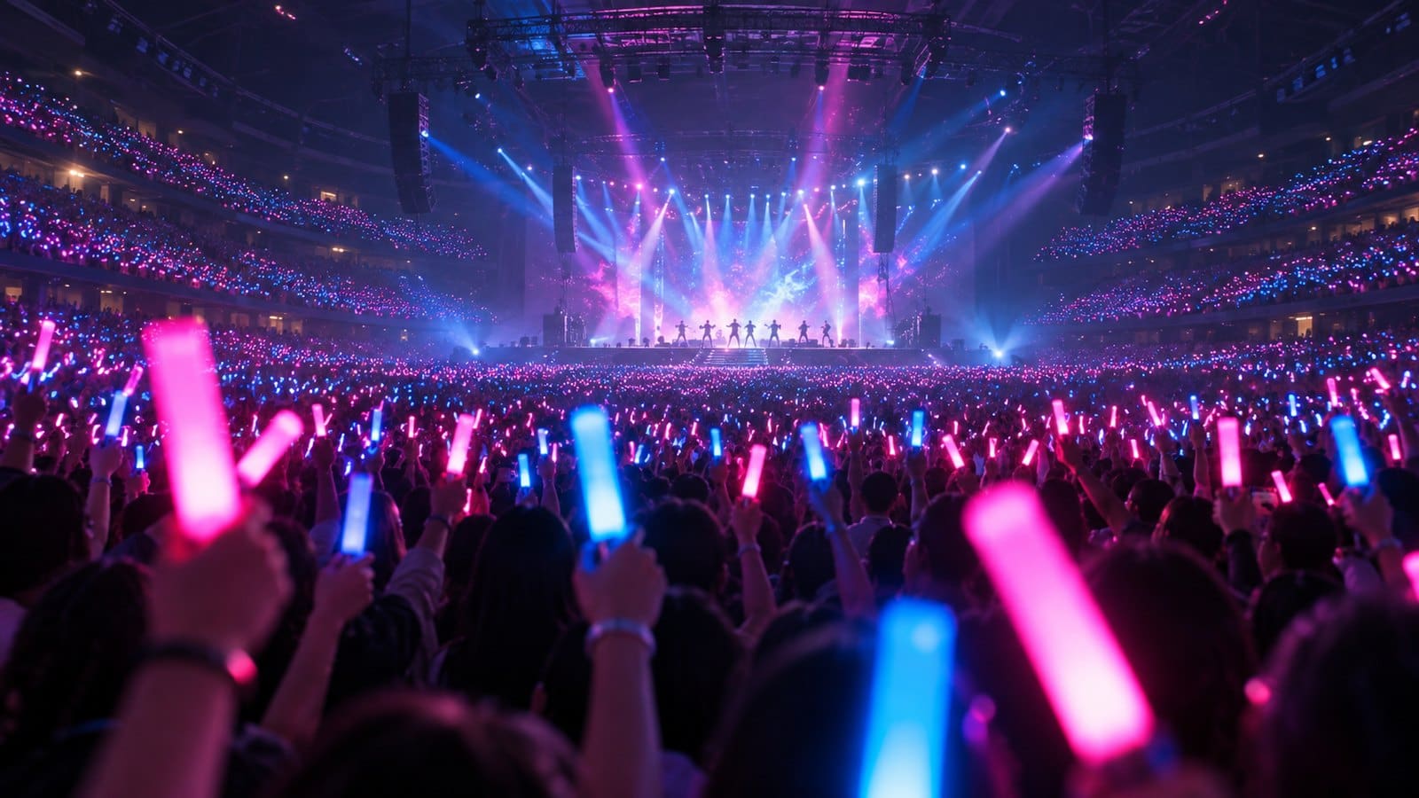 Setki świecących lightsticków w różowo-niebieskim neonowym świetle nad tłumem w hali, w tle mała scena