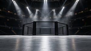 Pusta ośmiokątna klatka MMA w ostrych reflektorach i dymie, trybuny toną w ciemności
