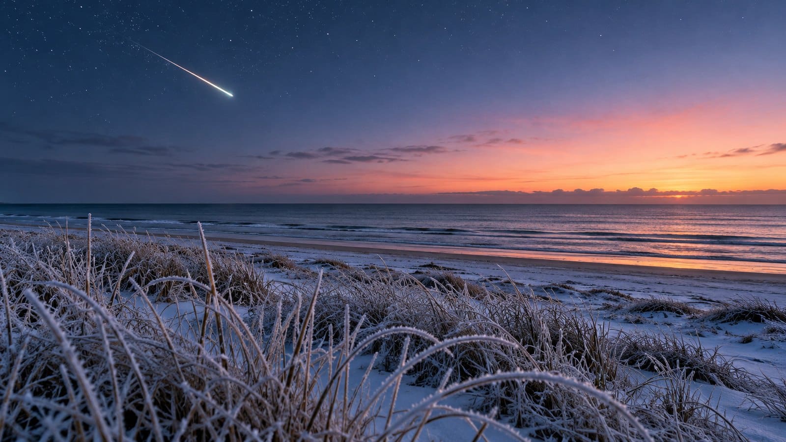 Jedna jasna smuga meteoru nad morskim horyzontem o mroźnym świcie, na dole oszronione trawy wydmy