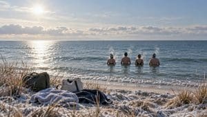 Grupa morsów od tyłu stoi do pasa w słonecznym zimowym morzu, na pustej plaży czekają ręczniki i torby