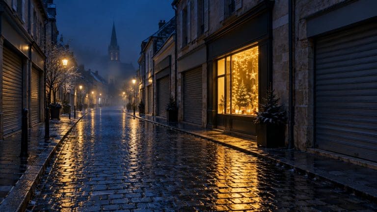 Pusta nocna ulica z opuszczonymi roletami i jedną rozświetloną witryną z lampkami
