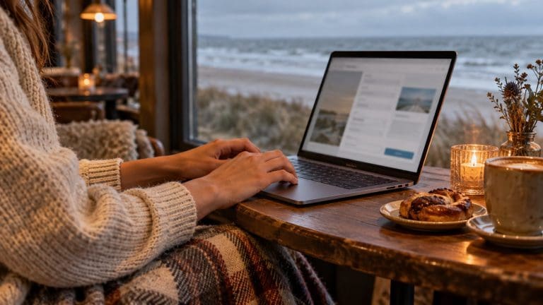 Dłonie kobiety na laptopie przy kawiarnianym oknie, za szybą szare zimowe morze