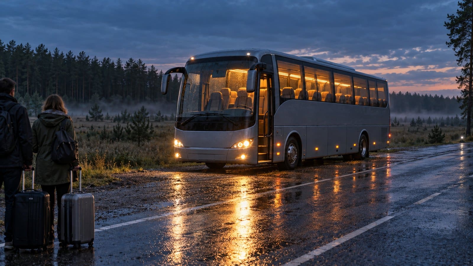 Autokar z zapalonymi światłami na pustym przystanku o zmierzchu, mokry asfalt odbija blask